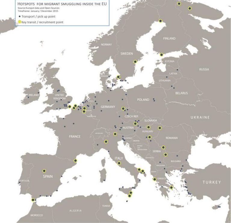 Põhilised smugeldajate tulipunktid Euroopas. Allikas: Europol ja