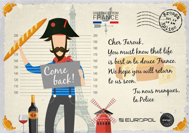 Eurpoli «reisi» postkaart, mis käib Prantsusmala tagaotsitava Farouk Hachi kohta