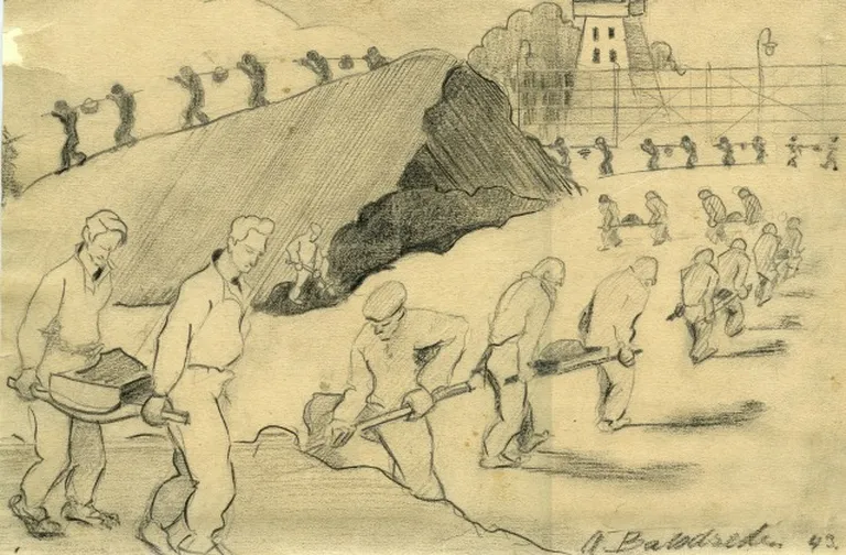 Заключенные Саласпилса за работой. Рисунок неизвестного заключенного, 1943 год.