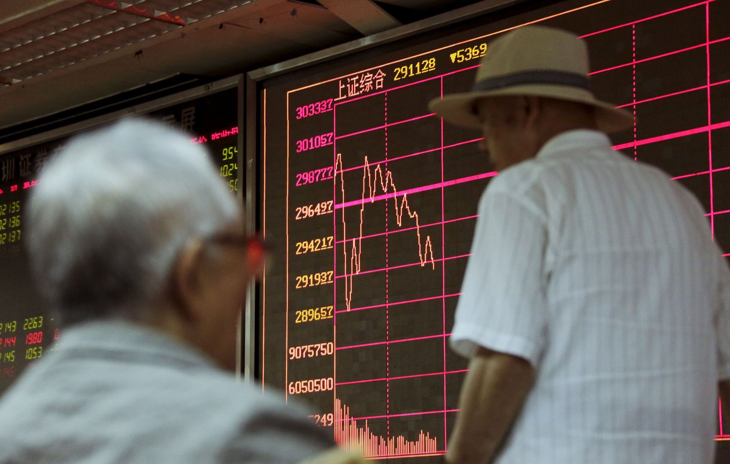 Investorid jälgivad börsiinfot kuvavat ekraani Pekingis.