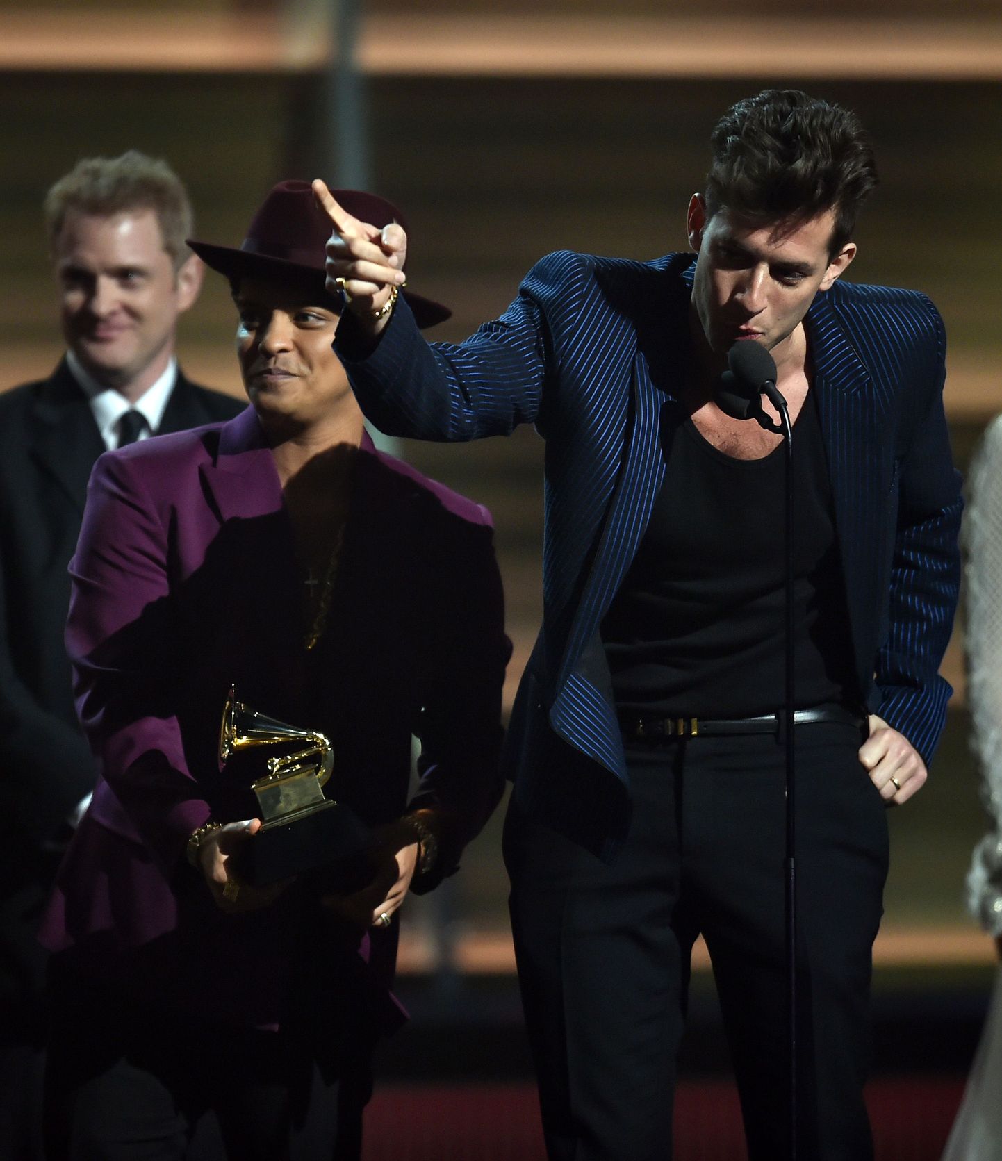 Feb 15, 2016; Los Angeles, CA, USA;    Mark Ronson featuring Bruno Mars accepts Record of the year for Uptown Funk during the 58th Grammy Awards at the Staples Center. Mandatory Credit: Robert Hanashiro-USA TODAY NETWORK *** Please Use Credit from Credit Field ***