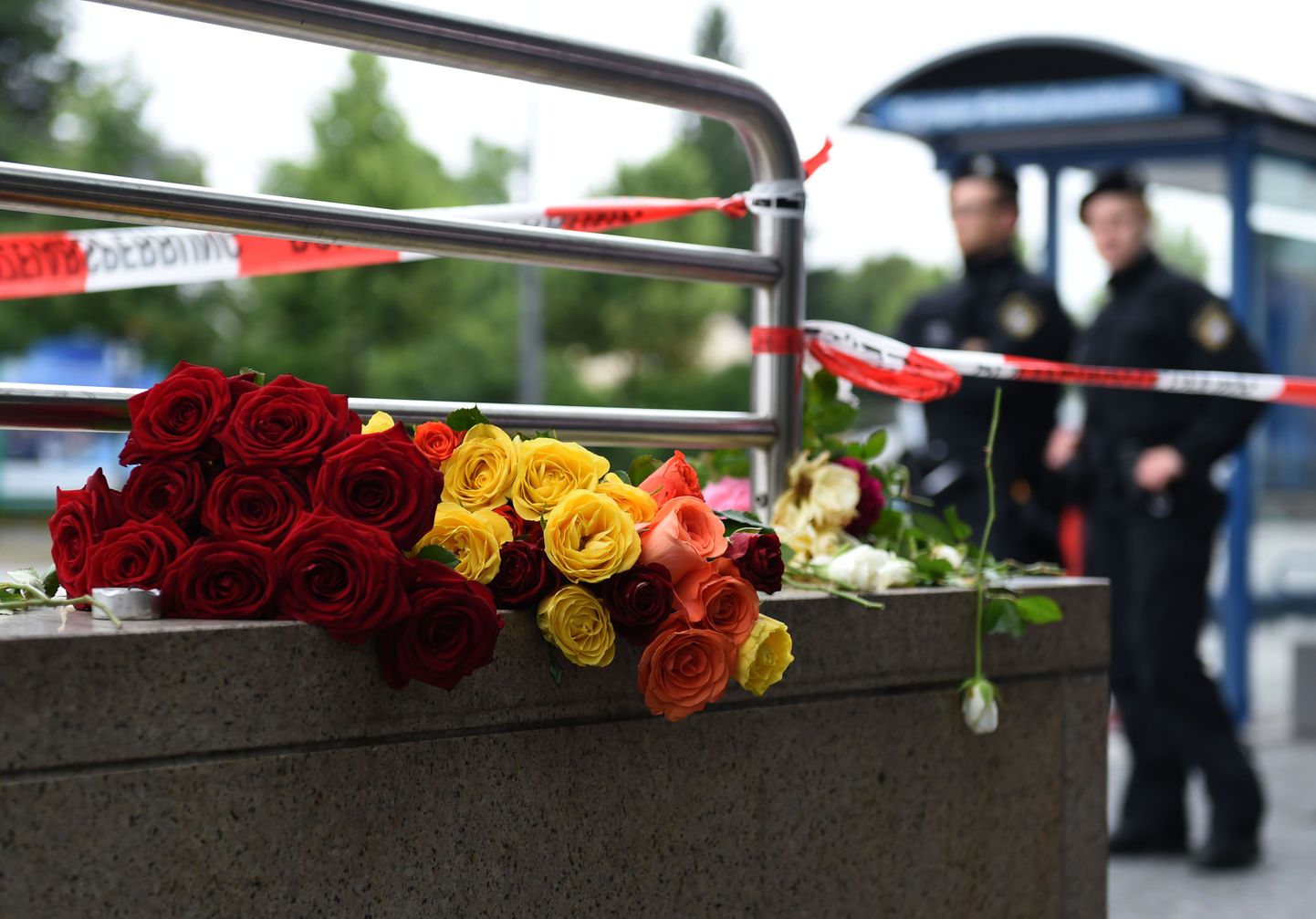 Цветы в память о жертвах на месте трагедии в Мюнхене.