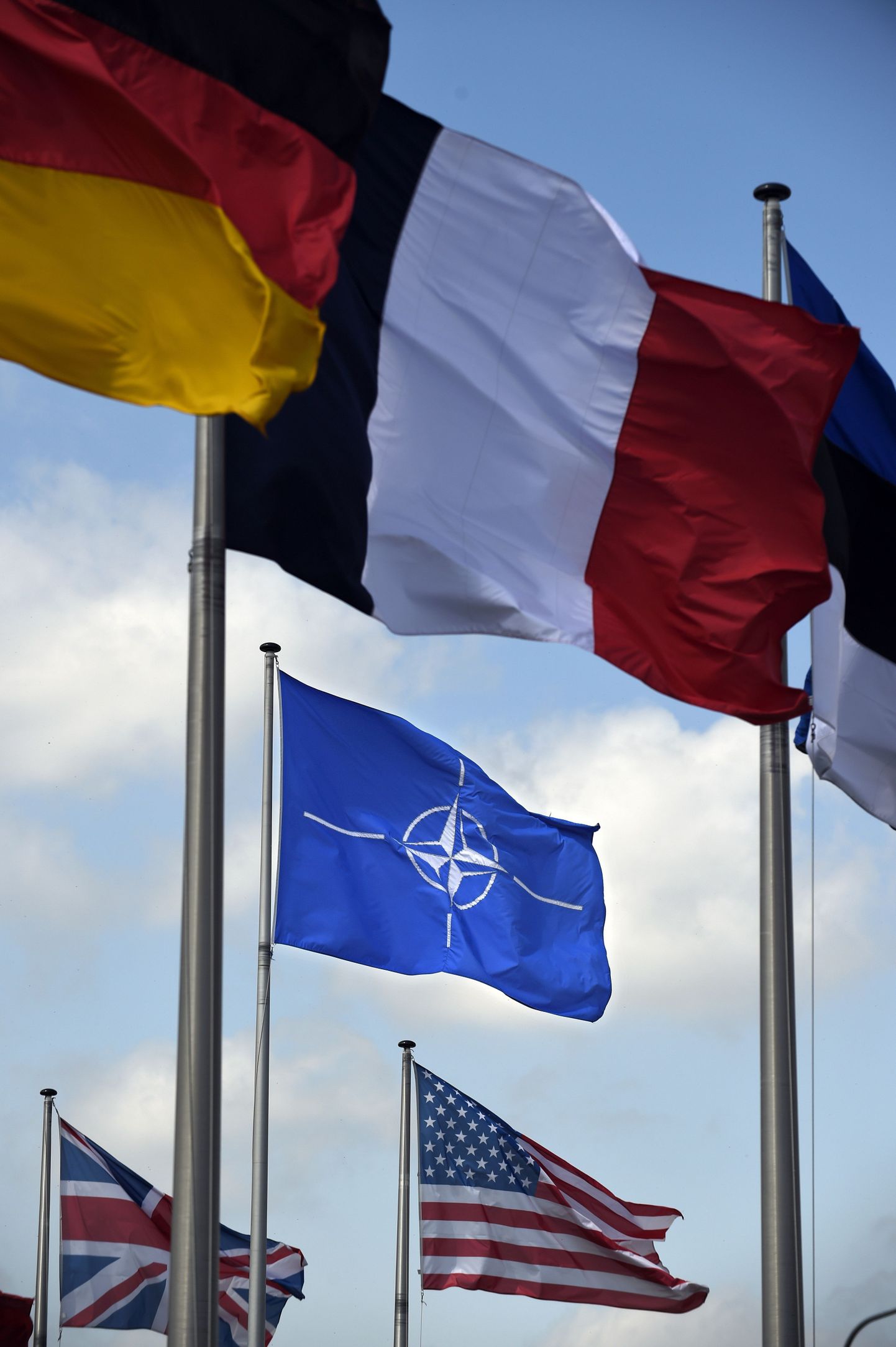 NATO ja selle mitme liikmesriigi lipud.