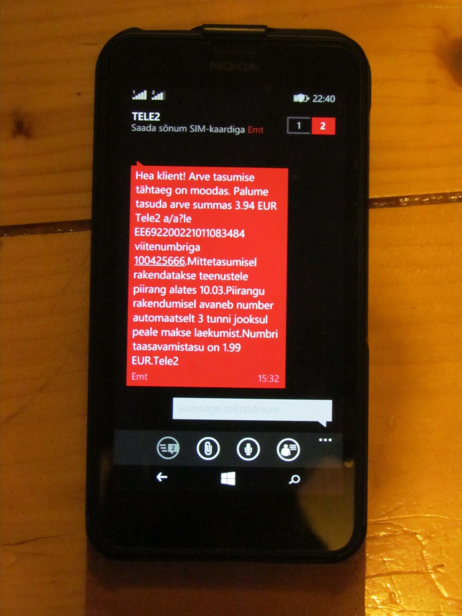 EMT klient sai Tele2-lt meeldetuletuse maksmata arve kohta.