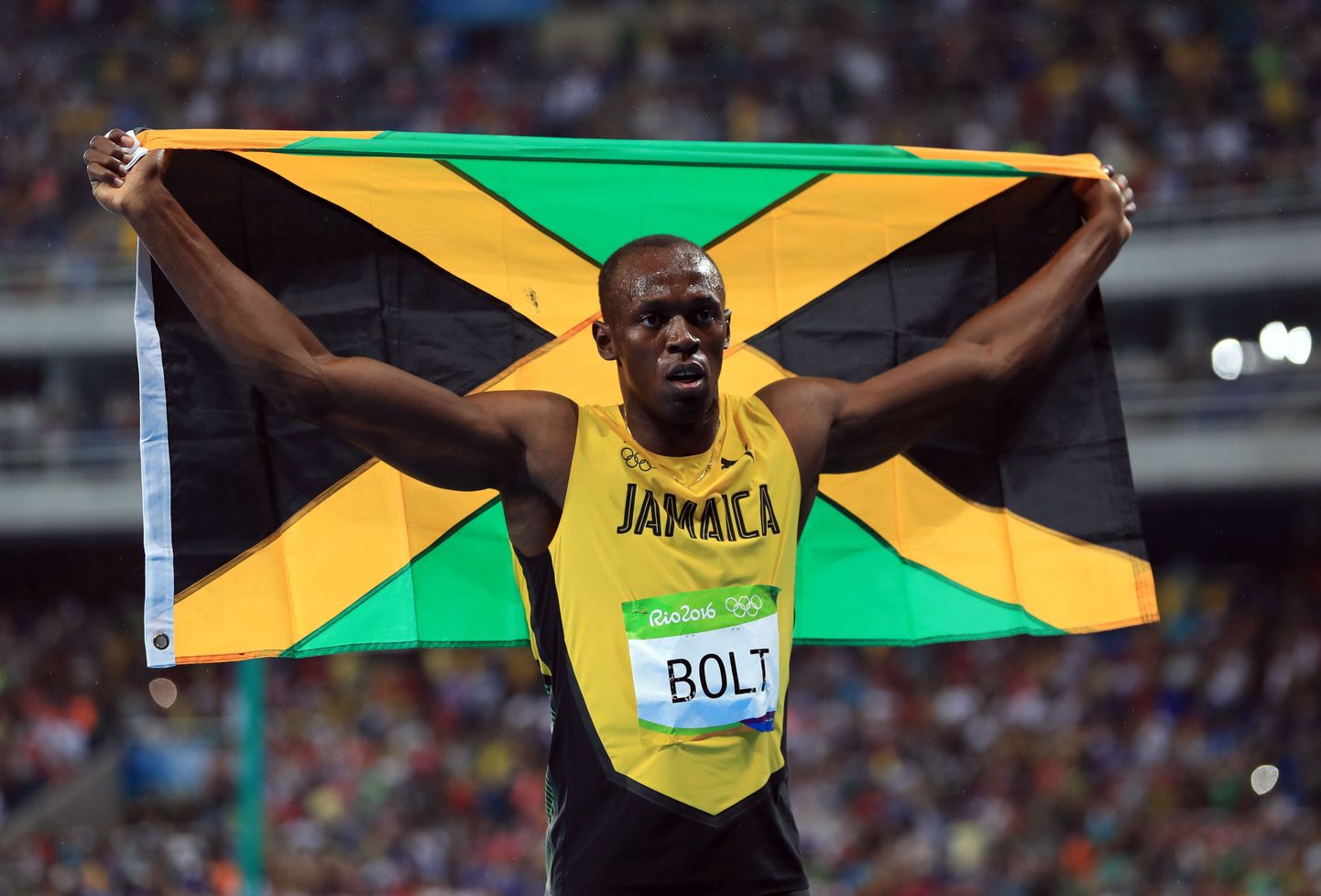 Jamaica's Usain Bolt celebrates following the men's 200m final at the Olympic Stadium on the thirteenth day of the Rio Olympics Games, Brazil.
