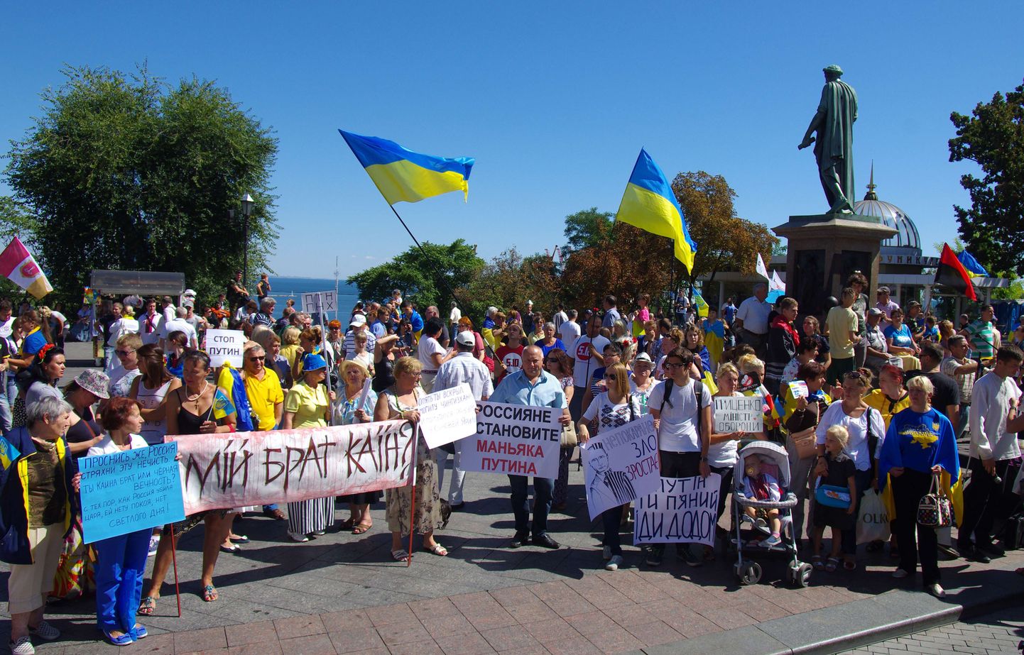 Inimesed hoiavad Lõuna-Ukrainas asuvas Odessa linnas silte, millel kirjas «Venelased peatage maniakk Putin!», «Putin sa oled purjus. Mine koju!», «Putin, mine koju!» ja "Mu vend on Kain». protest Vene presidendi Vladimir Putini vastu toimus 30. augustil.
