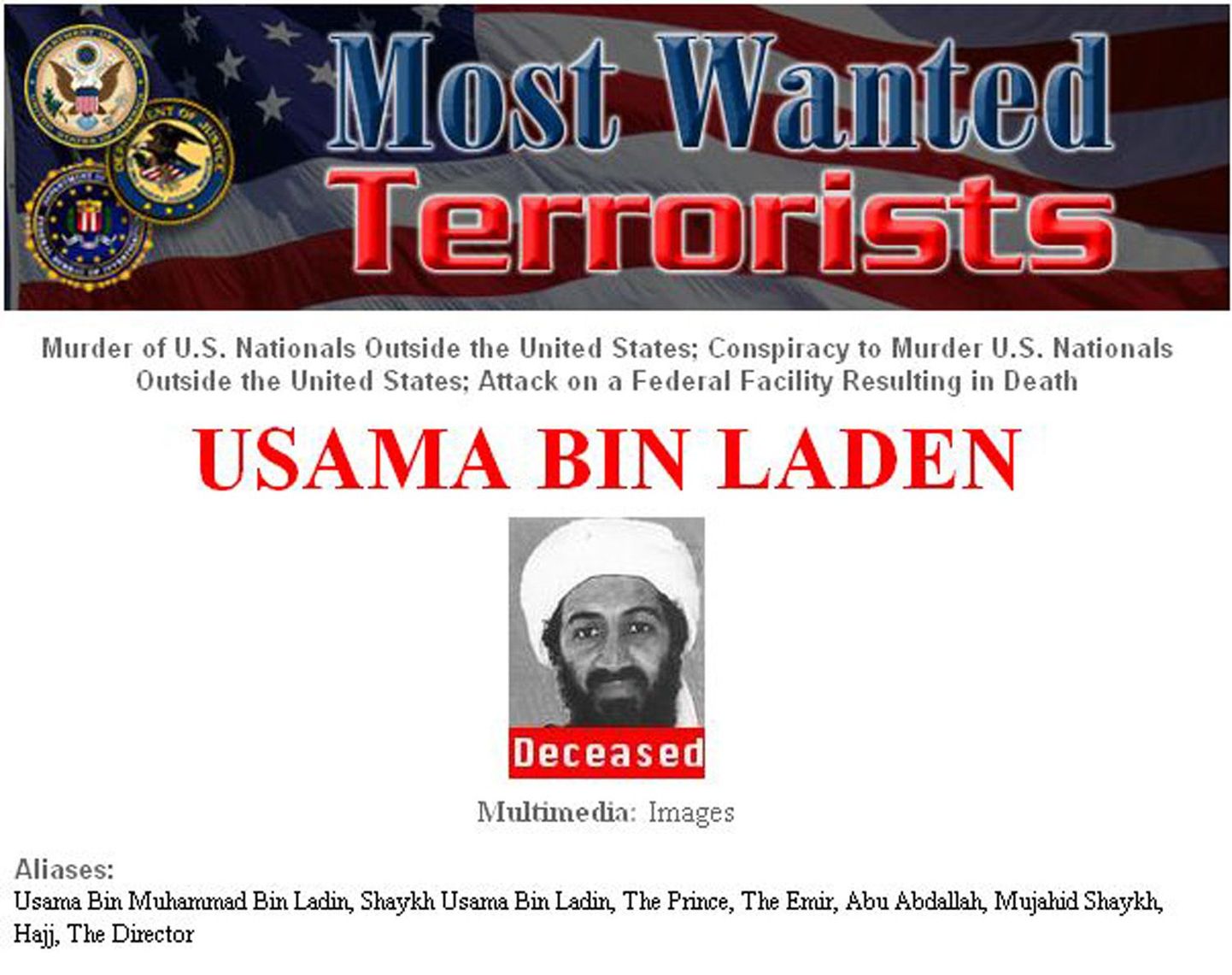 FBI kõige tagaotsitavamate terroristide leheküljel on Osama bin Ladeni juures märge «surnud»