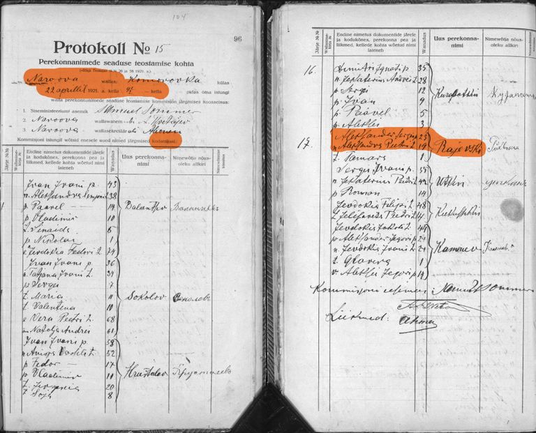 Dokument perekonnanime muutmise kohta 1921. aastal, mille kohaselt said Marina Kaljuranna vanavanemad Aleksander ja Aleksandra perekonnanimeks Rajevski ning millelt nähtub, et nimi anti kodanikele.