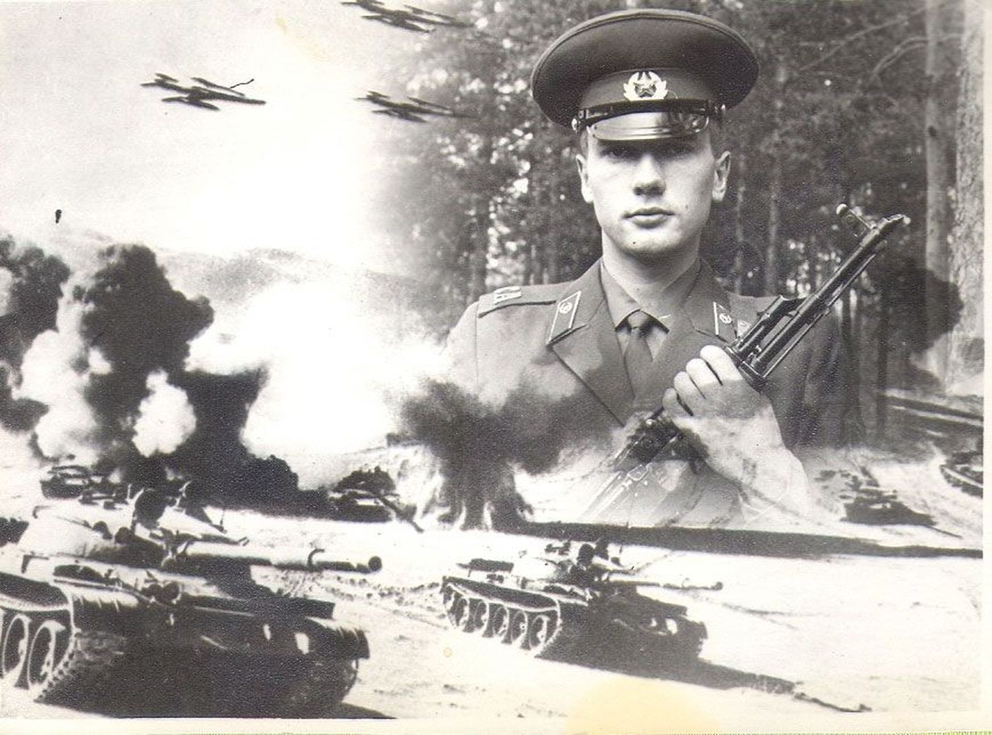 Selliseid propagandakollaaže võis tellida väeosa fotograafilt. Sihikindel pilk ja sirge rüht kuulub reamees Maido Kikkasele (1970ndad).
