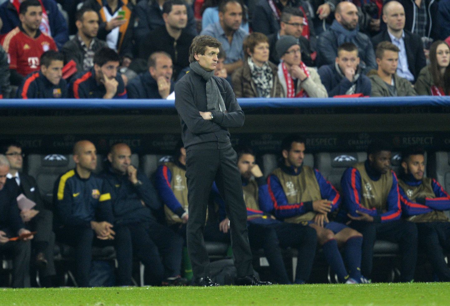 Pettunud FC Barcelona meeskond eesotsas peatreener Tito Vilanovaga.
