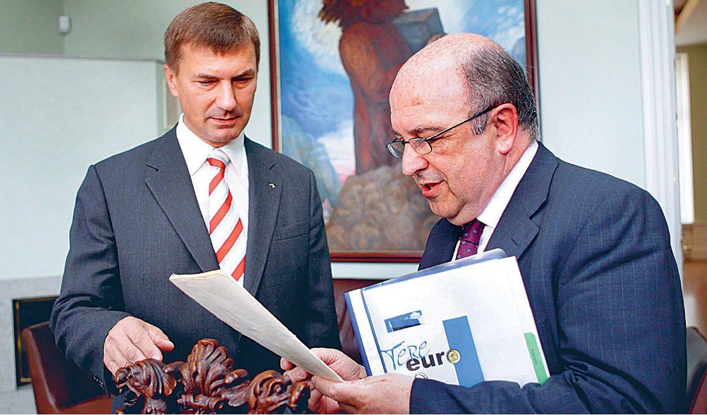 Euroopa Komisjoni rahandusvolinik Joaquin Almunia ja Andrus Ansip arutasid Eesti eurole ülemineku võimalusi 2006. aastal Tallinnas, eile kohtusid nad Brüsselis.