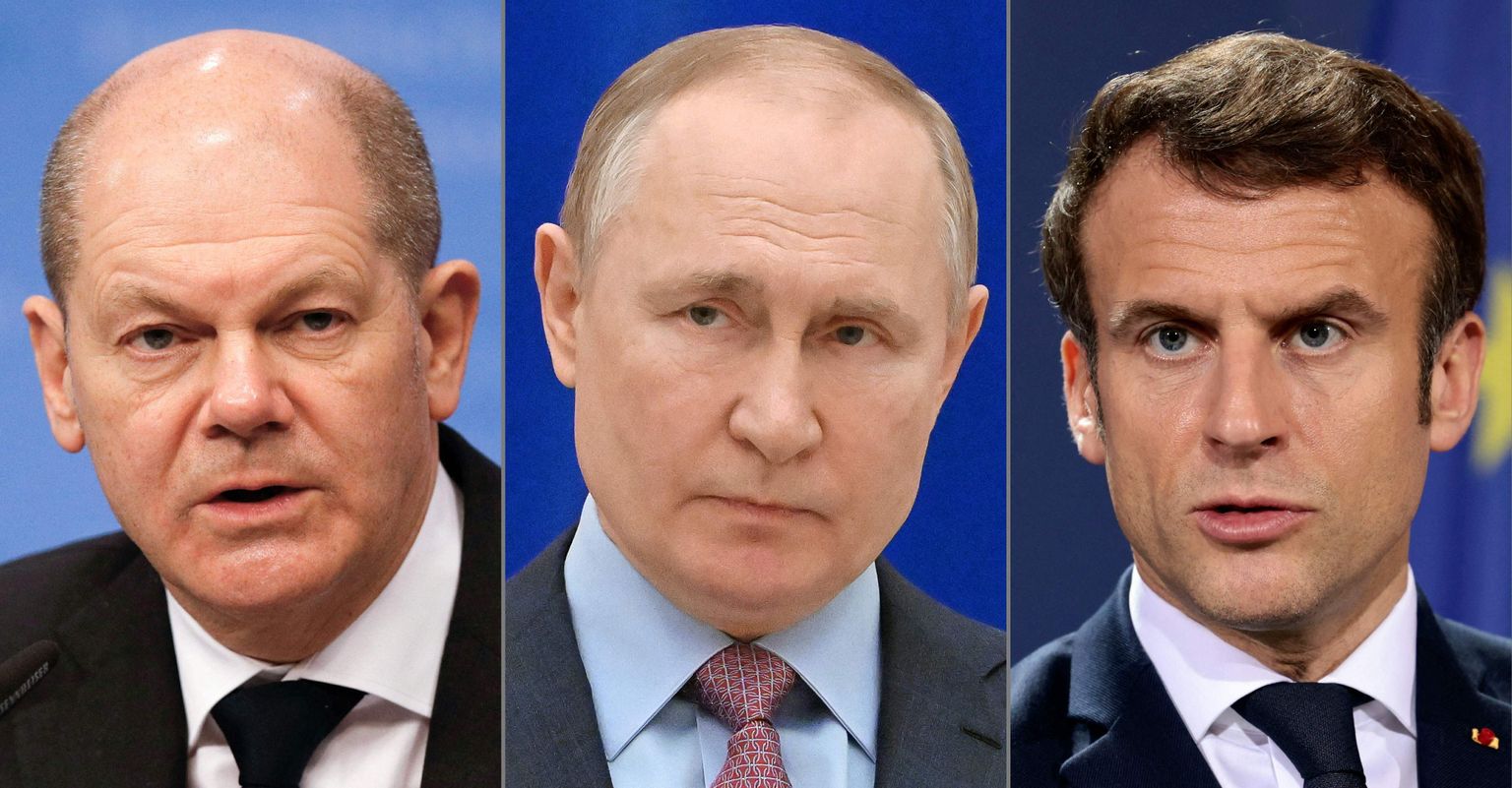 Олаф Шольц, Владимир Путин и Эмманюэль Макрон.