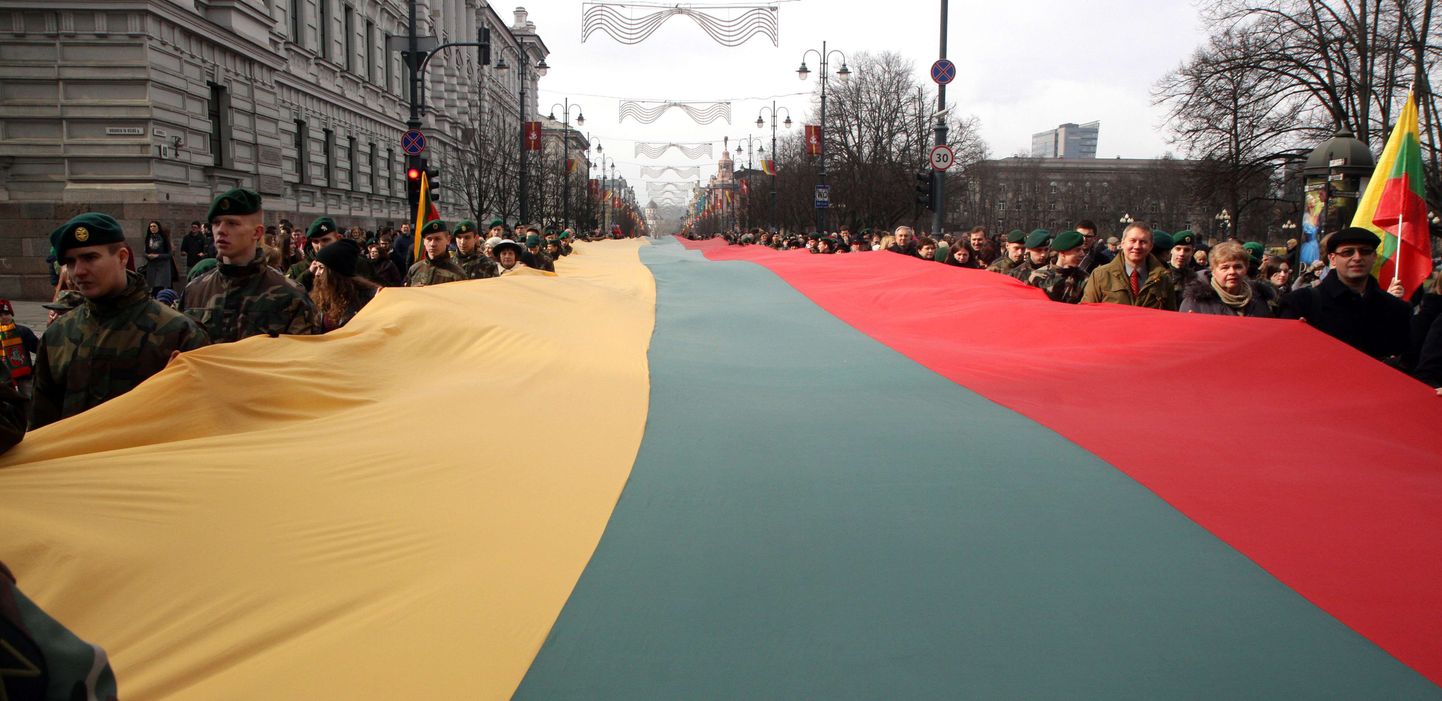 Leedukad hiiglasliku riigilipuga iseseisvuspäeva tähistamas.