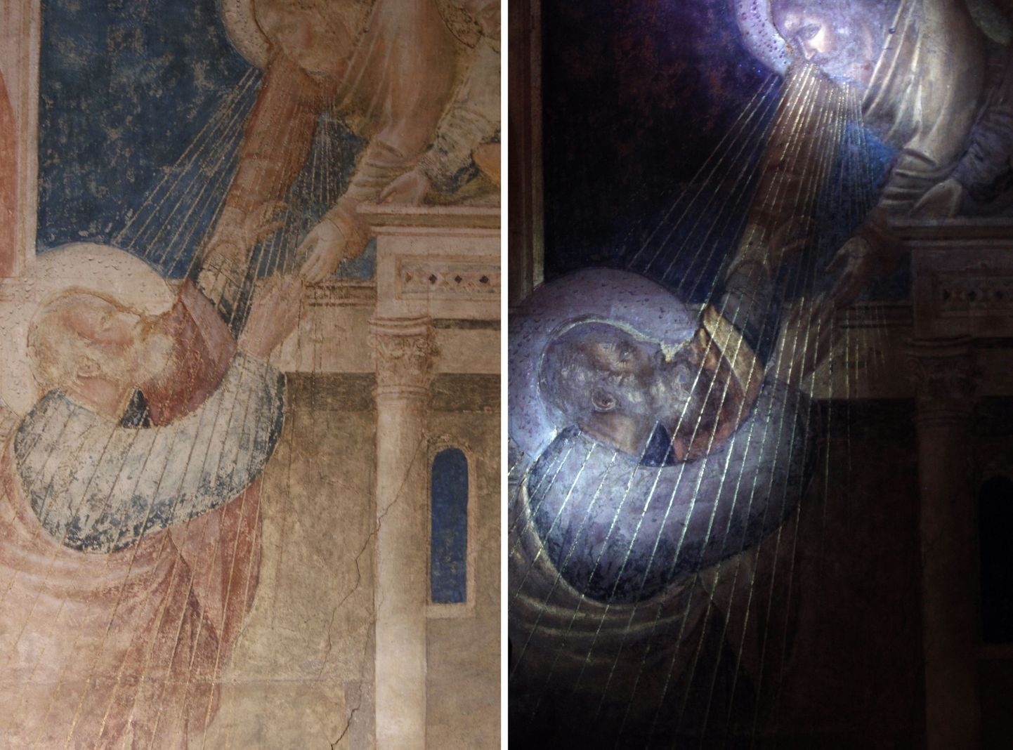Giotto fresko palja silmaga ja ultraviolettkiirte all (paremal)