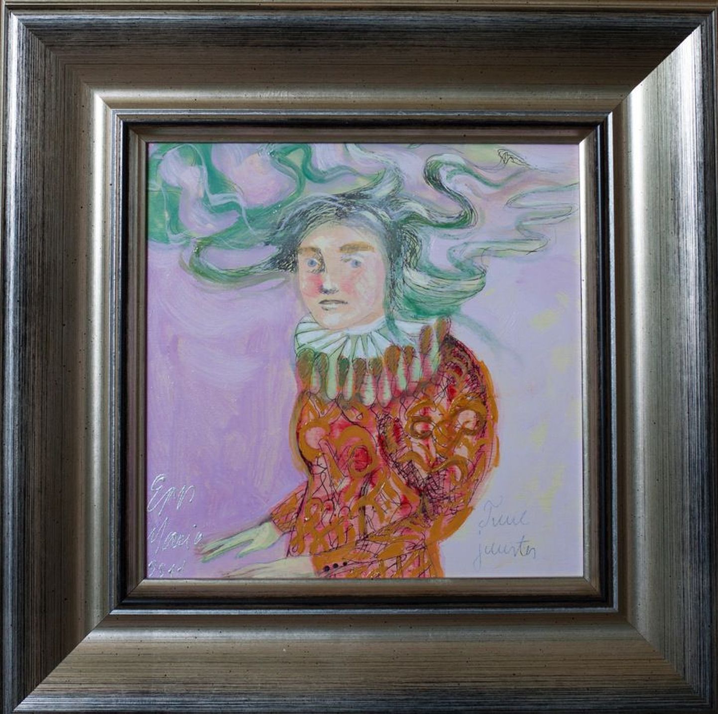 Epp Maria Kokamäe poolt oksjonile pandud maal „Tuul juustes“ (õli puidul, 2011. aasta, formaat 37x37 cm).