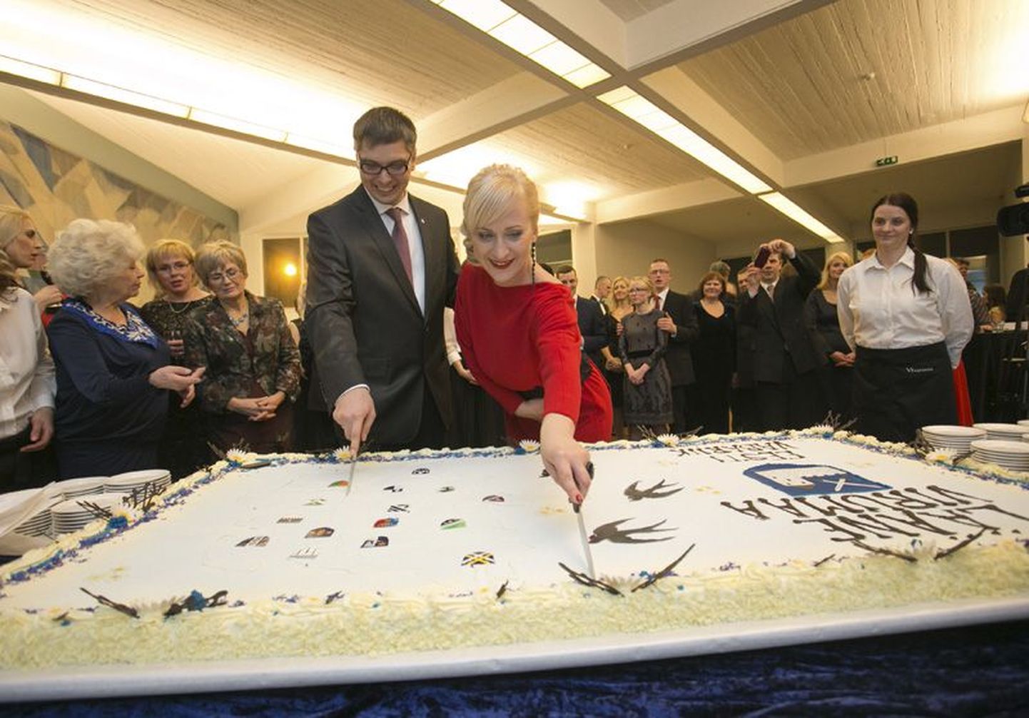 Maakonna tükeldamine: 15 omavalitsuse vapiga kaunistatud tordi lõikas maavanem lahti koos abikaasa Jule Käen-Tormiga.
