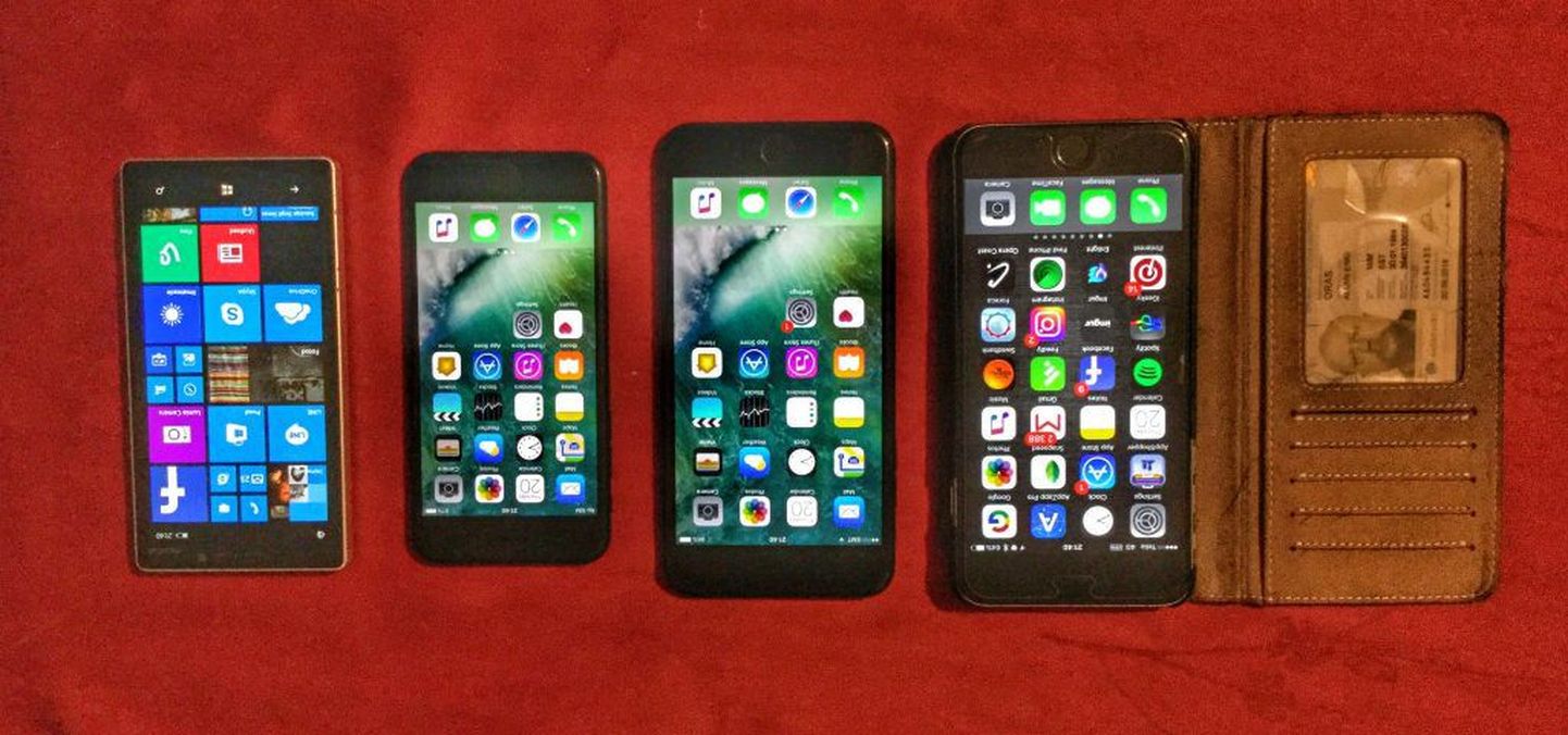 Nokia Lumia 930, iPhone 6s, iPhone 7 ja iPhone 7 Plus suuruste võrdlus.