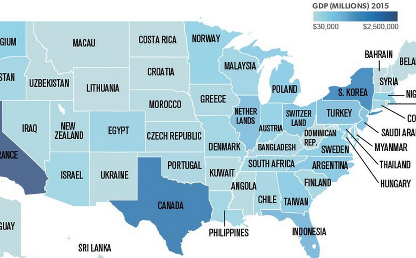 Как соотносится объем ВВП разных государств с аналогичным показателем американских штатов.