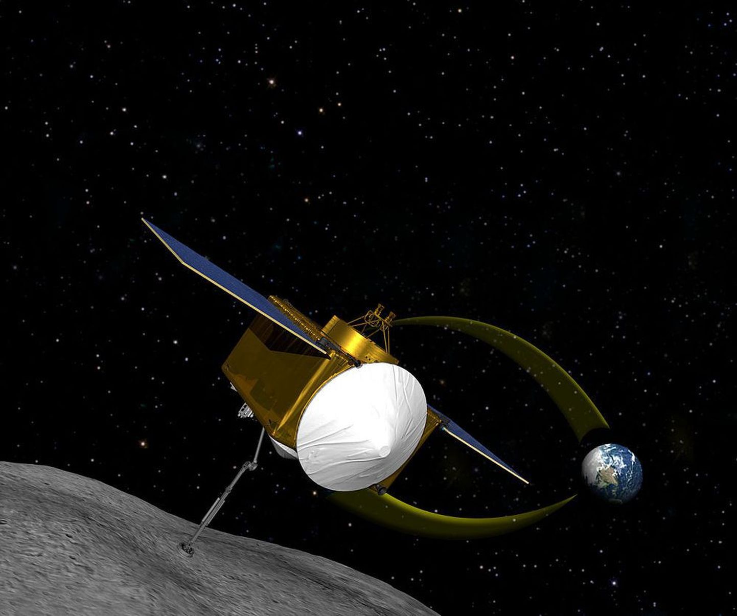 NASA kunstniku joonistus Osiris-Rex sondist puurimas asteroid Bennu pinda