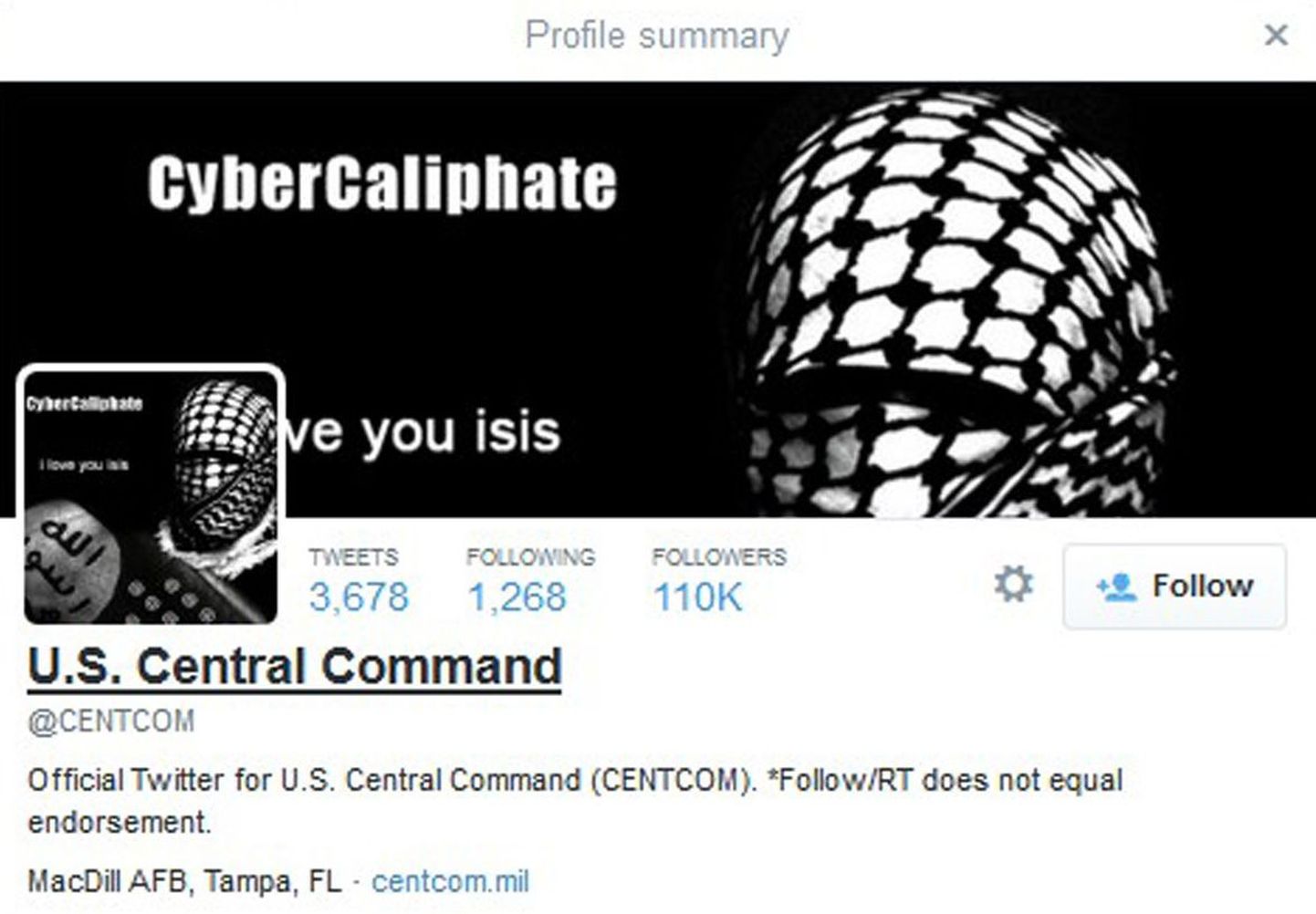 CENTCOMi Twitteri konto häkkerite rünnaku järel.