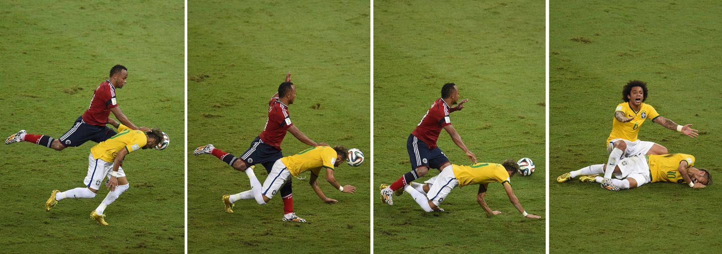 Juan Zuniga (punases) hüppas põlvega Neymarile vastu selga.