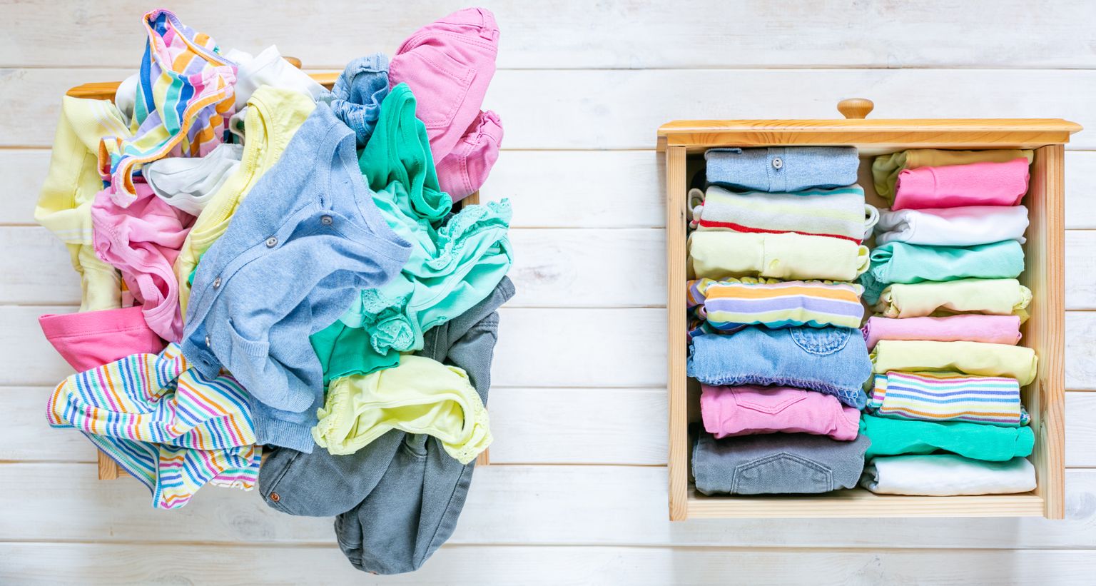 KonMari meetodiga volditud riided.