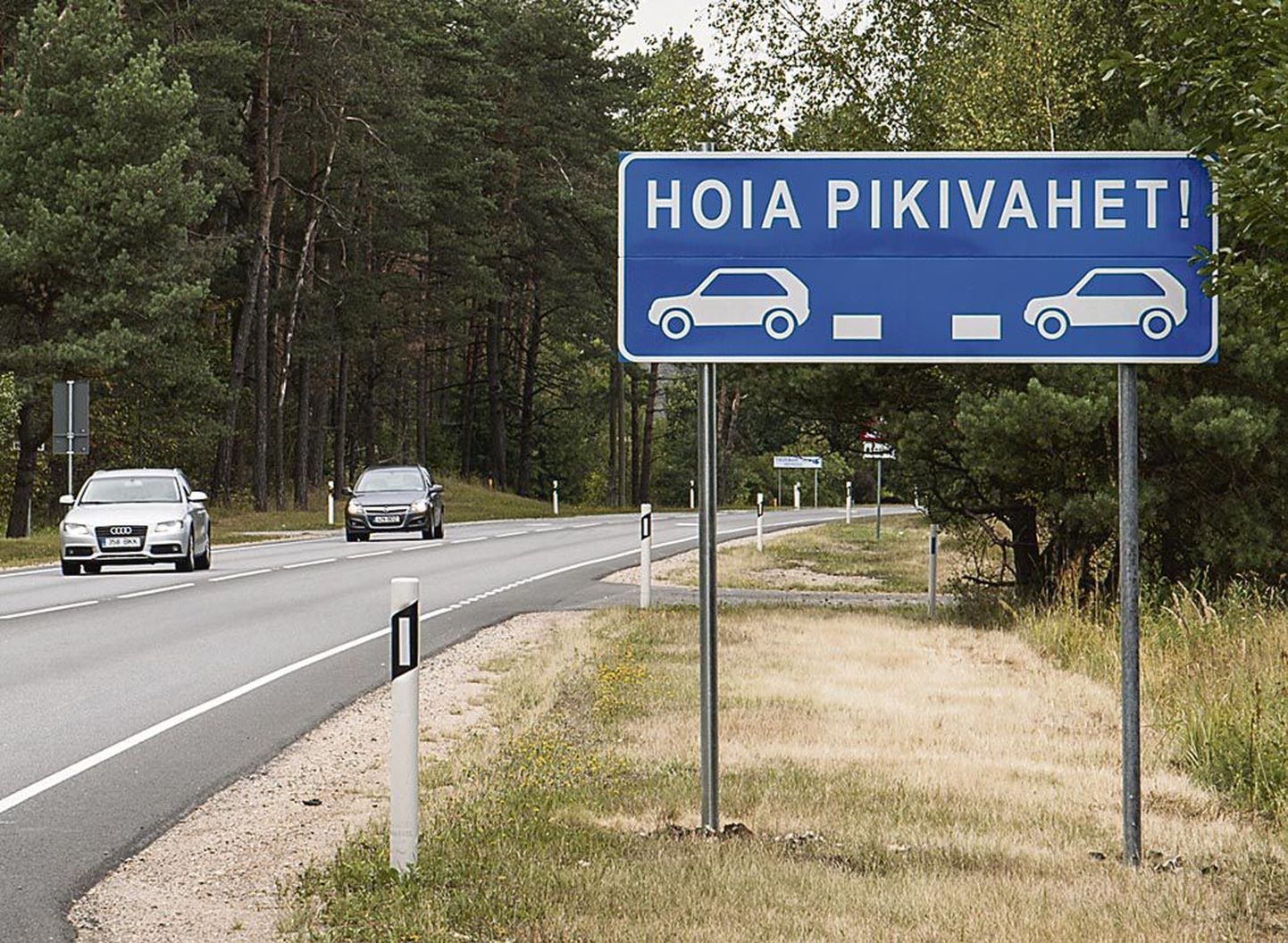 Pärnust lõuna poole väljasõidul on pikivahe hoidmist rõhutav teekattemärgistus ja liiklusmärk tähistamas kahe kilomeetri pikkust lõiku Via Baltical.
