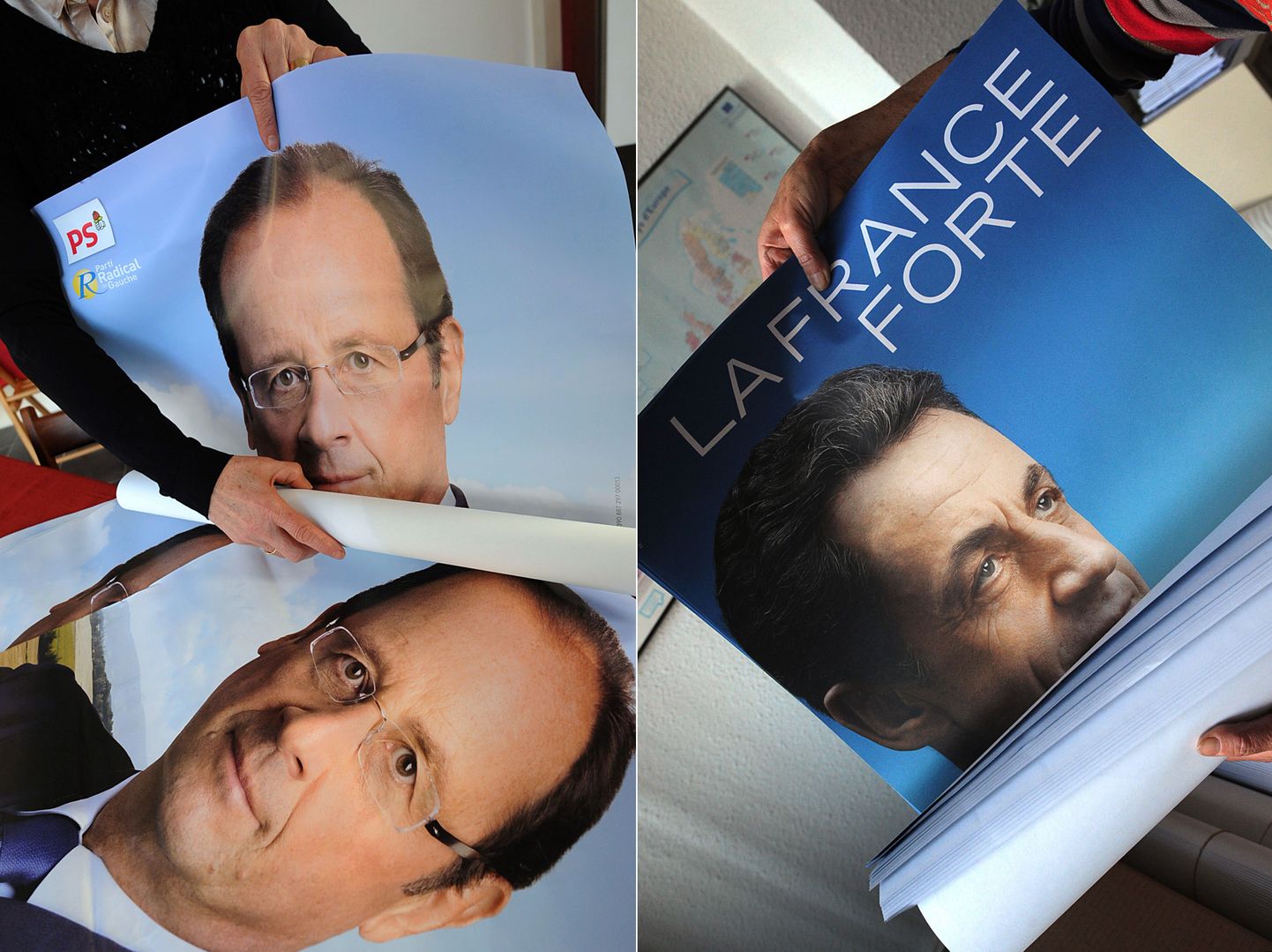 Kahe peamise kandidaadi plakatid: vasakul François Hollande, paremal Nicolas Sarkozy.