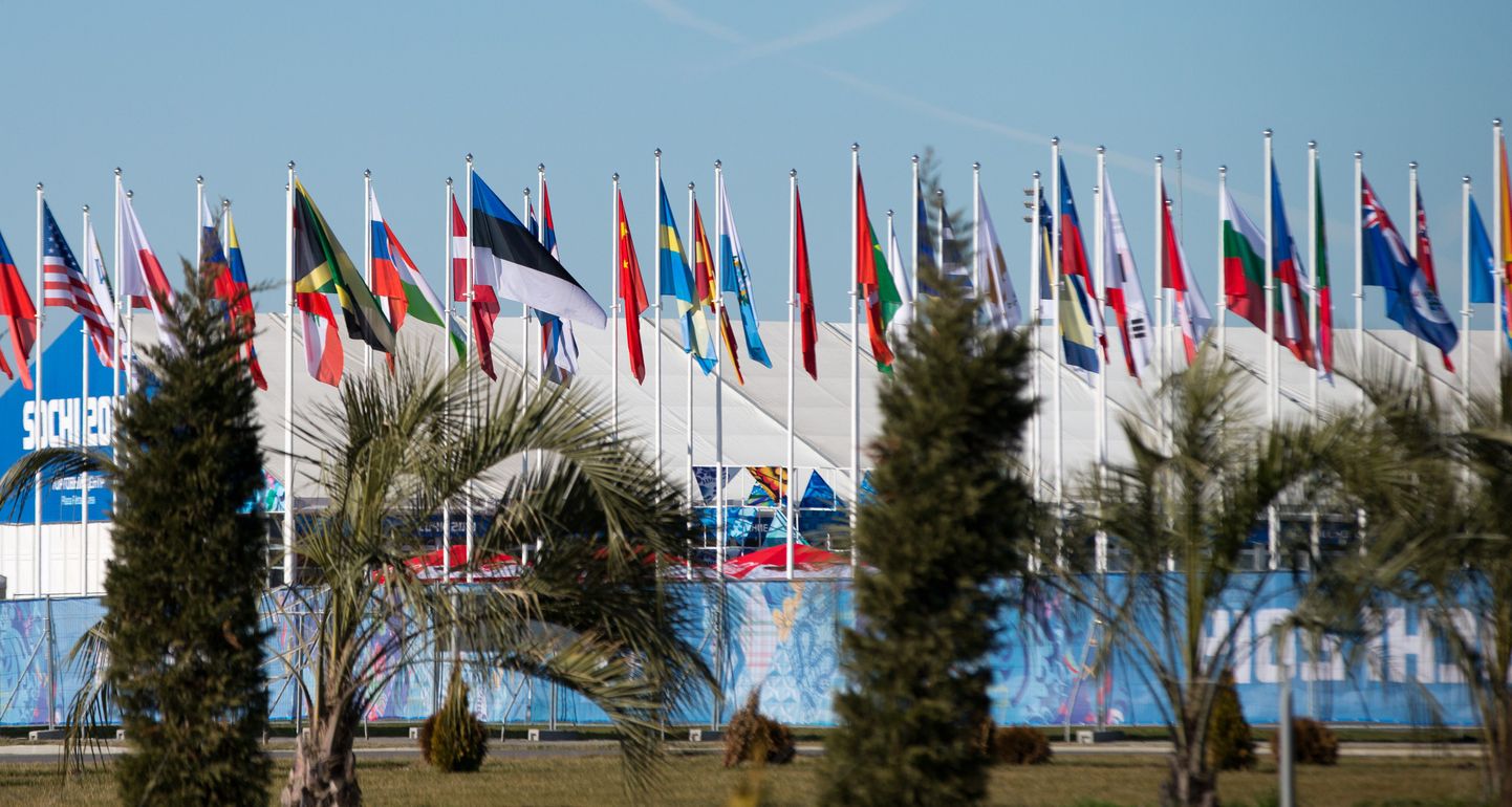 Флаг Эстонии среди флагов других стран-участниц Олимпиады в Сочи.