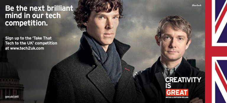 Benedict Cumberbatch ja Martin Freeman reklaamimas Suurbritanniat, vasakul neile Eestist lisatud üleskutsed.
