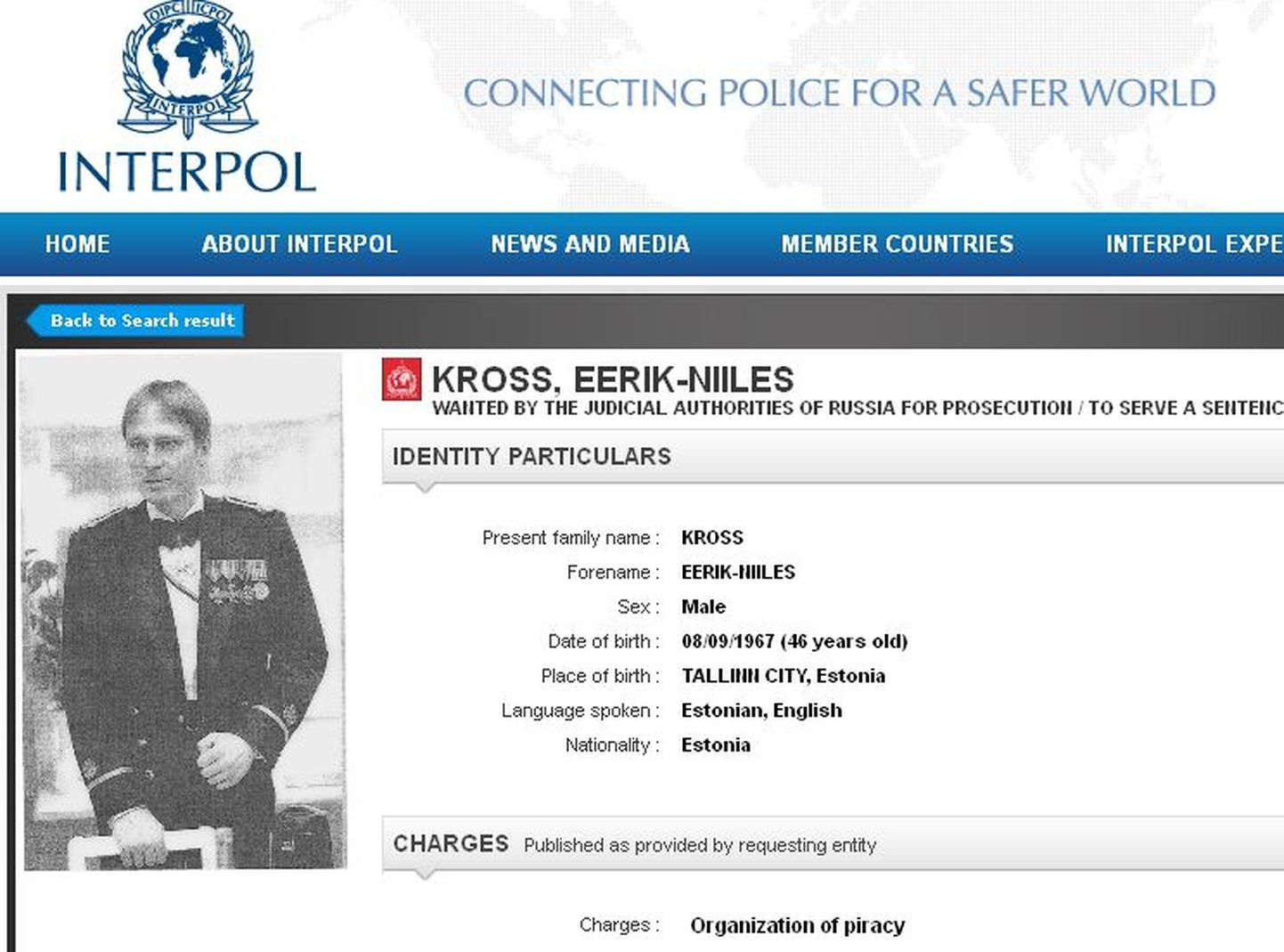 Interpol otsib taga Eerik-Niiles Krossi.