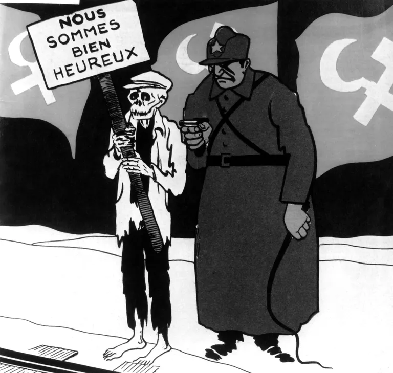 Prantsuse karikatuur näljahädast ja kodanike karmist kohtlemisest Nõukogude Liidus 1930. aastatel: Nõukogude Liidu siseasjade rahvakomissariaadi (NKVD) ohvitser sunnib relva ähvardusel surnuks nälginut hoidma plakatit, millel on prantsuse keeles kirjas «Oleme väga õnnelikud» / Scanpix