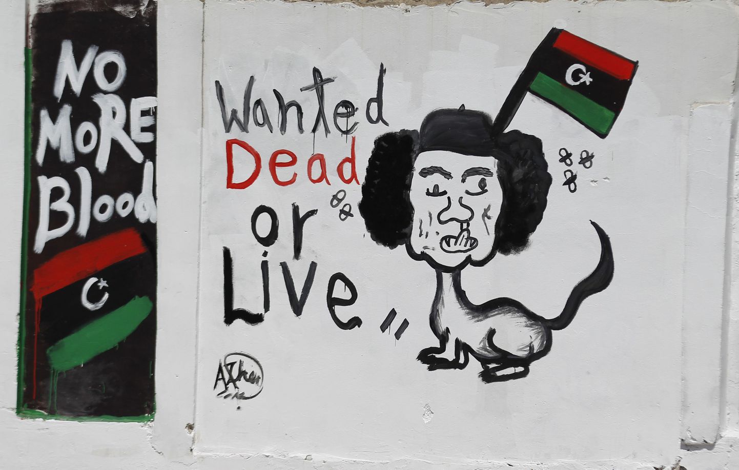 Tagaotsitav Muammar Gaddafi karikatuuril Tripolis.
