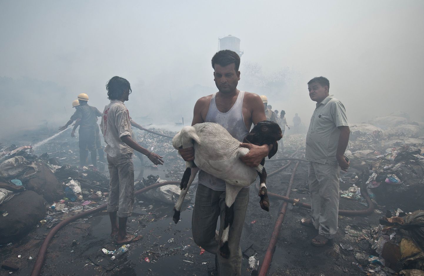 New Delhi asuva slummi elanik täna oma kitse tulekahjust päästmas.