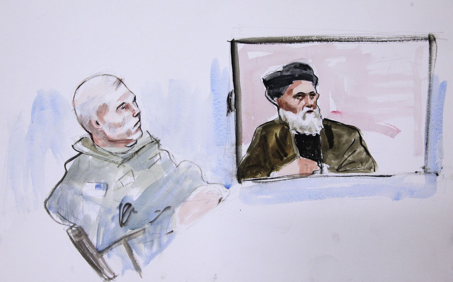 Kohtujoonistus Robert Balesist (vasakul) Afganistanist videosilla vahendusel tunnistust kuulamas.