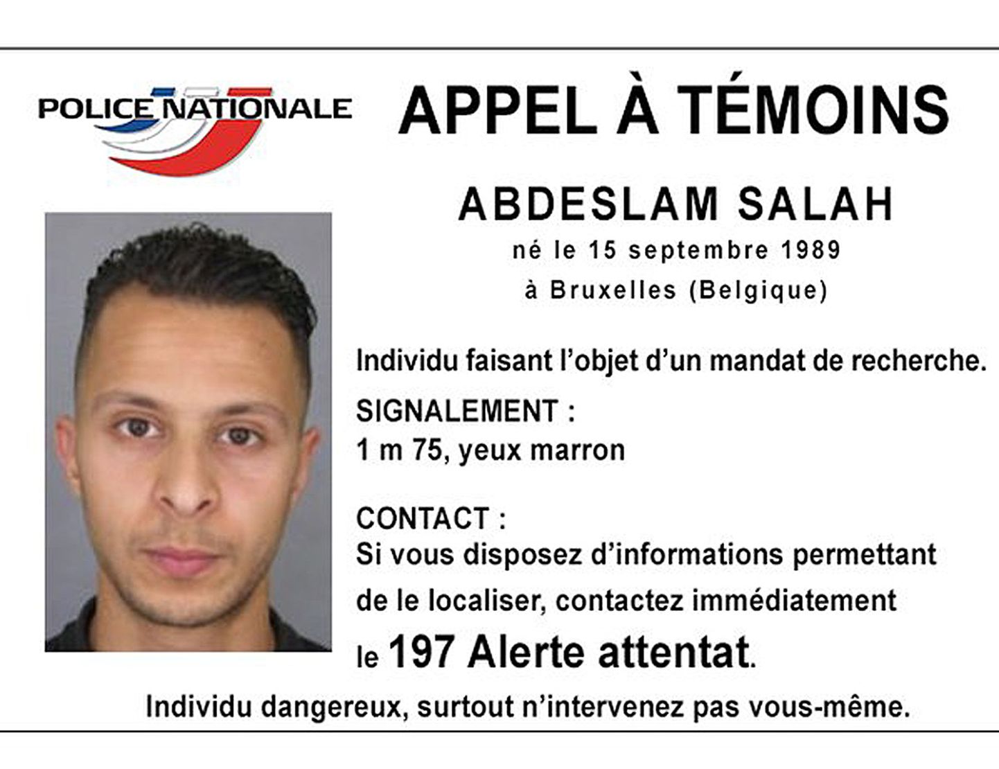 Prantsuse politsei väljastatud tagaotsimiskuulutus terrorist Salah Abdeslami kohta