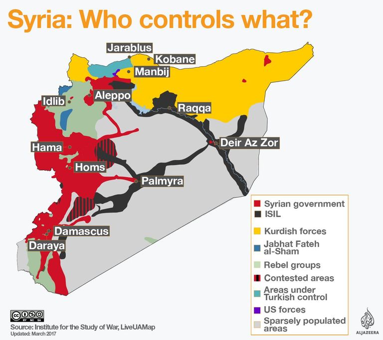 Jõujooned Süürias märtsi seisuga. Punasega Süüria valitsusväed; mustaga ISISe alad; kollasega kurdide alad; tumesinisega Jabath Fateh al-Sham; tuhmrohelisega mässulised rühmitused; puna-mustaga vaidlusalused alad; türkiisiga Türgi alad; lillaga USA jõud; halliga hõredalt asustatud piirkonnad. Allikas: