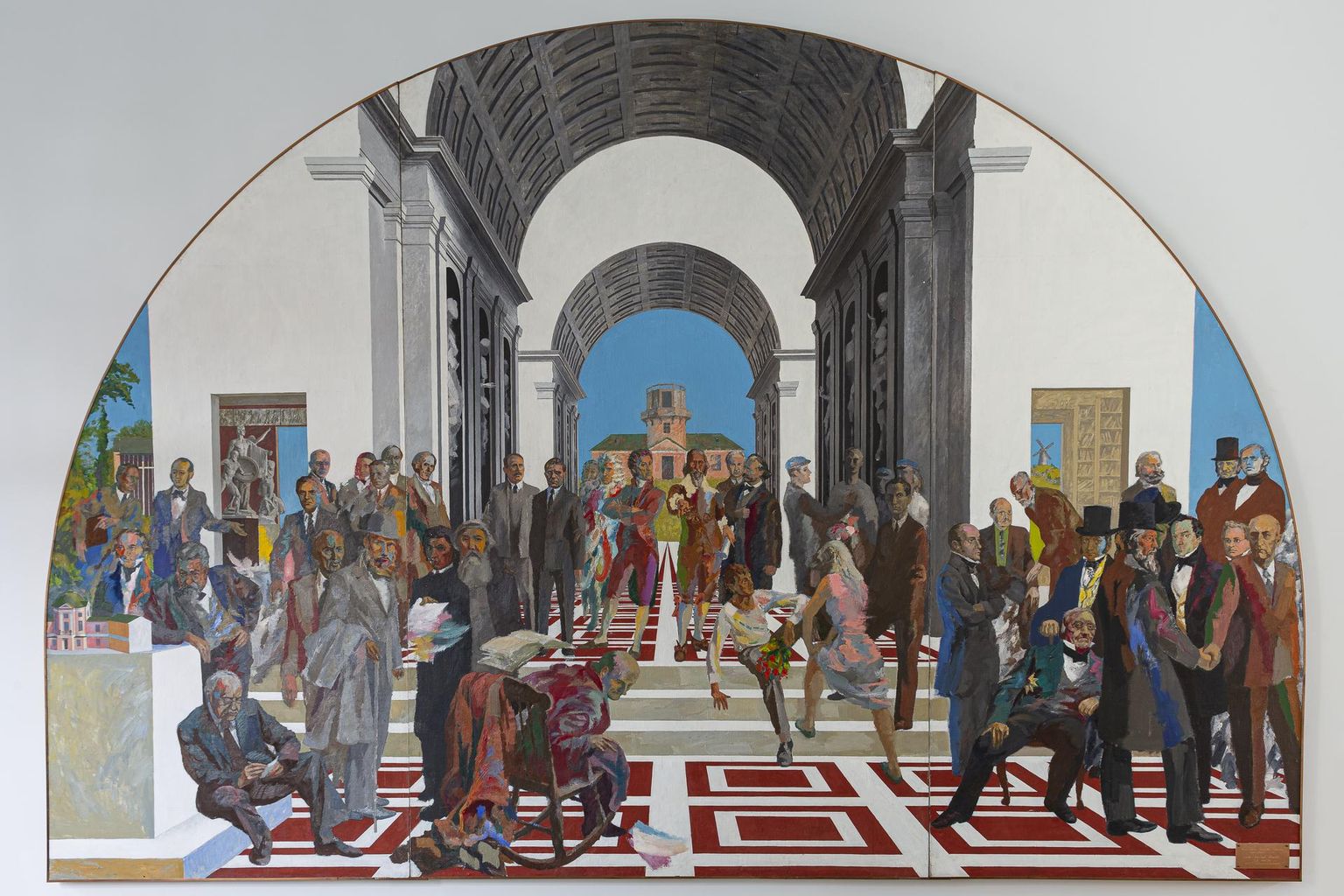 Enn Põldroosi «Universitas Tartuensis» (1982, tempera ja masoniit, 330 x 482 cm) on nii suur, et ei mahu Tartu ülikooli muuseumi ajutiste näituste saali ära, mistõttu on väljapanekus pannoo digikoopia. Originaal on rektoraadis, kus see on olnud väikeste vaheaegadega aastast 1982.
Põldroos on suurteose kompositsiooni laenanud Raffaeli kuulsalt Vatikani palee freskolt «Ateena kool». Sealse seinamaali keskmes on Platon ja Aristoteles, keda ümbritsevad õpetlased. Põldroosi pannool on kesksel kohal Tartu ülikooli loojad Johan Skytte ja Georg Friedrich Parrot. Nende ümber on professorid, teadlased, rektorid ja mõned üliõpilased, taamal on ülikooli tähetorn, külgedel kunstimuuseumi ja raamatukogu sisevaated.