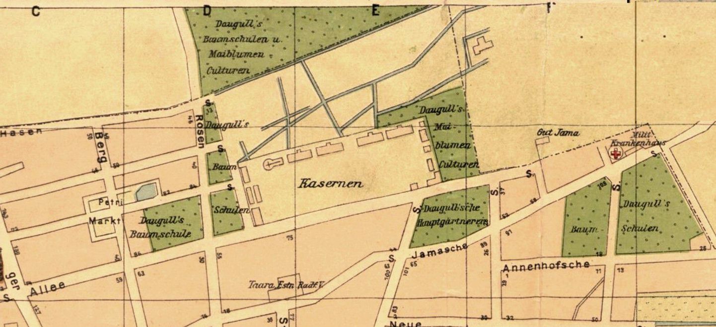 Värviline Daugulli aiakohtadehga linnaplaan. Daugullide aiavaldused asusid Jaama ja Puiestee tänava ümbruses.