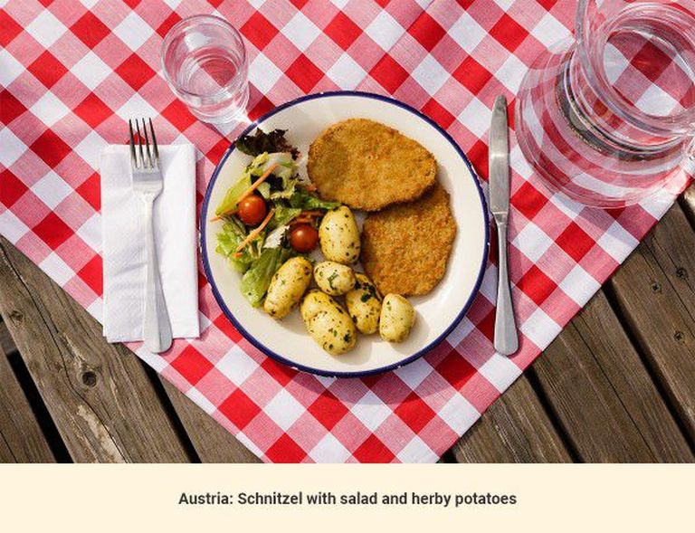 Lõunasöök Austrias: šnitsel ürdikartulite ja värske salatiga. Foto: