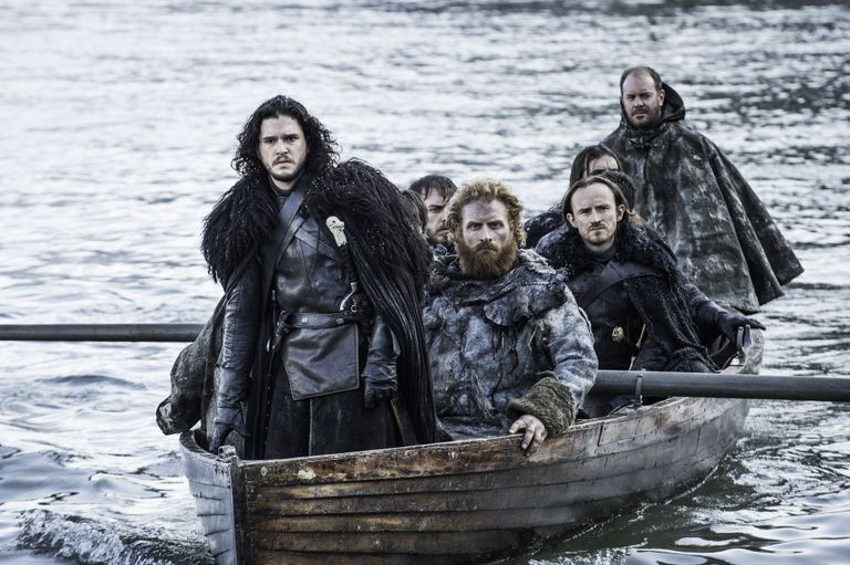 This image released by HBO shows Kit Harington as Jon Snow, left, in a scene from "Game of Thrones." The series was nominated for an Emmy Award on Thursday, July 16, 2015, for outstanding drama series. The 67th Annual Primetime Emmy Awards will take place on Sept. 20, 2015. (Helen Sloan/HBO via AP)