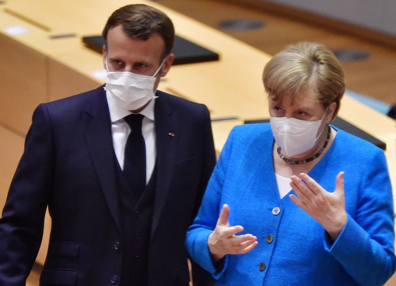 Vācijas kanclere Angela Merkele un Francijas prezidents Emanuels Makrons