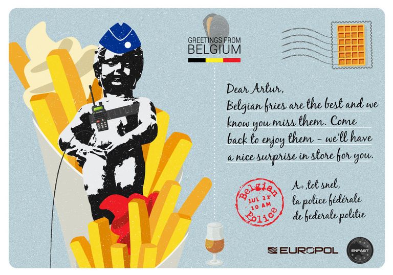 TEuropoli postkaart, mis käib Belgia politsei poolt tagaotsitava Artur Nawrocki kohta