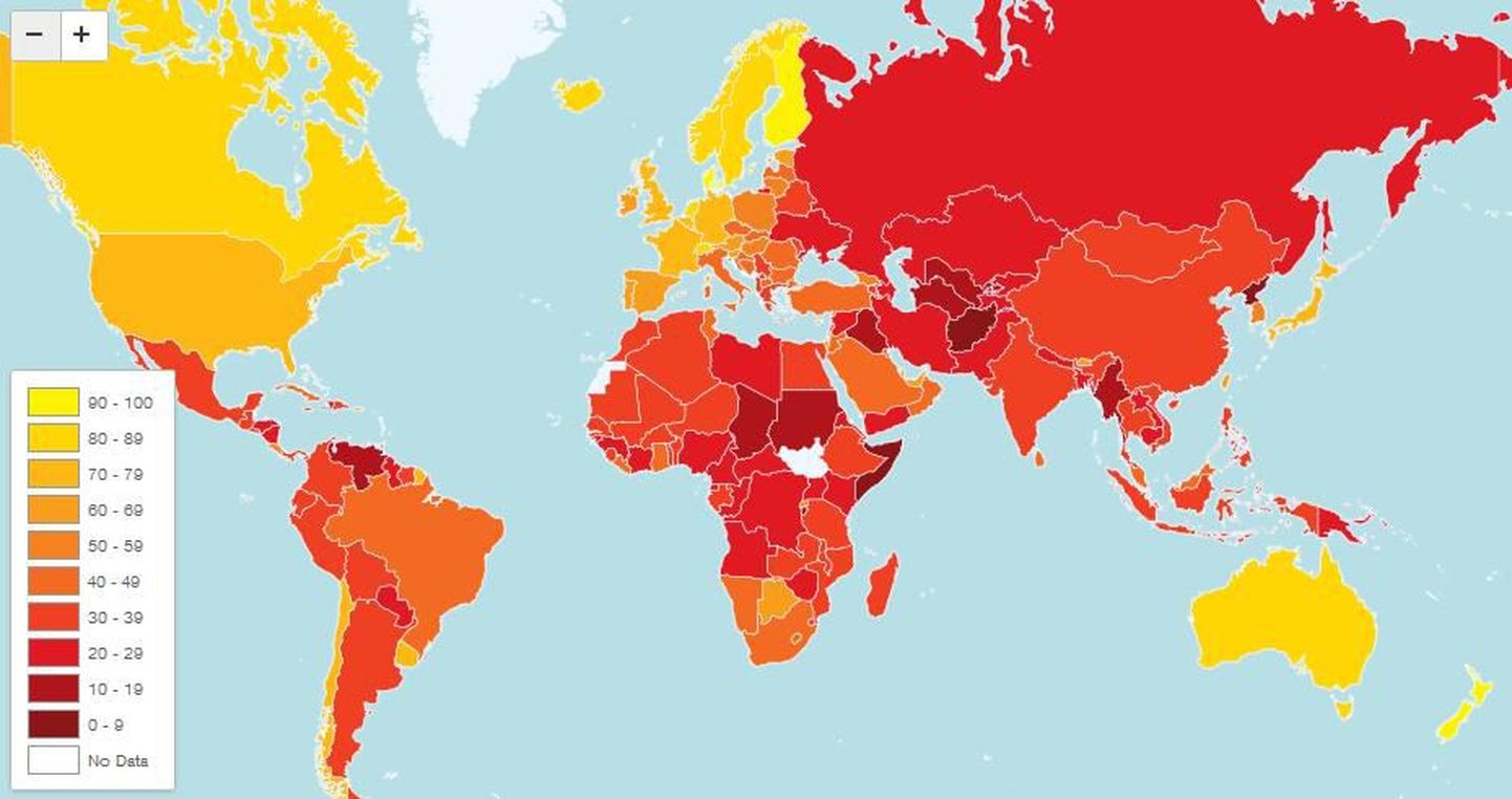 Transparency Internationali koostatud korruptsioonikaart 2012. aasta kohta.