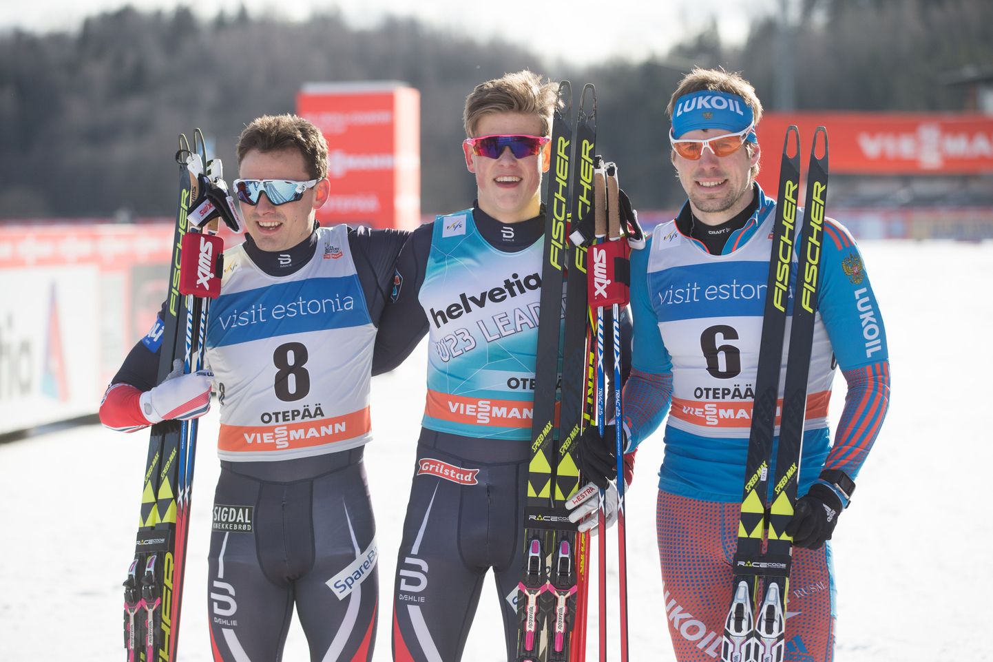 Otepää MK-etapi sprindifinaalid. Pildil meeste esikolmik Johannes Klaebo (keskel), Finn Haagen Krogh (vasakul) ja Sergei Ustjugov.