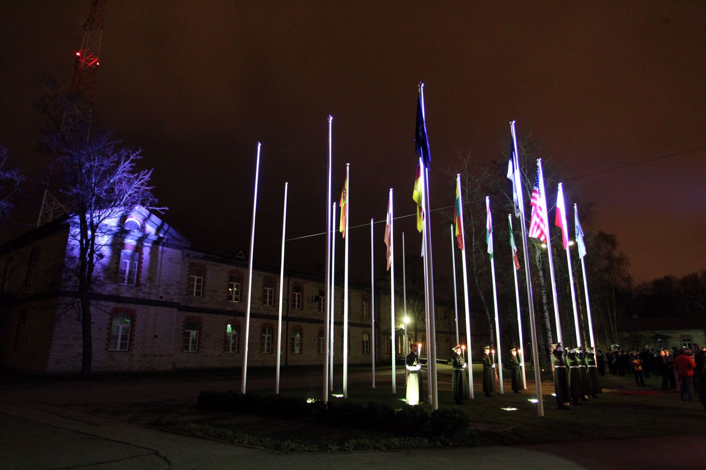 Liikmesriikide lipud NATO küberkaitse kompetentsikeskuse ees.