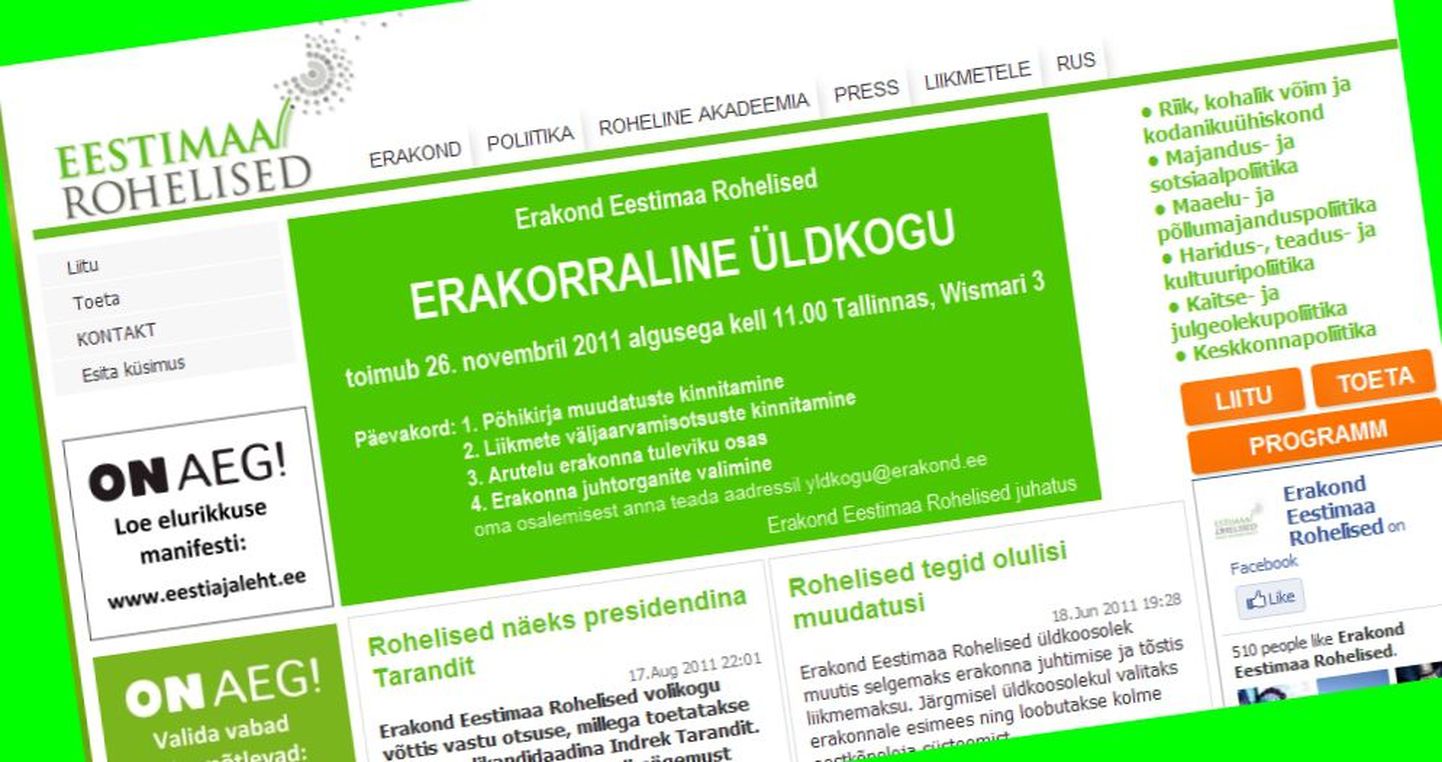 Erakonna Eestimaa Rohelised koduleht on üle mitme kuu taas avatud