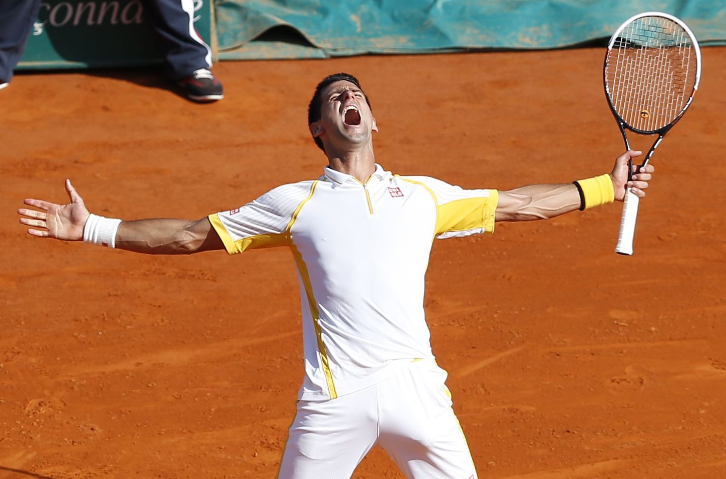 Novak Djokovic tähistamas Rafael Nadali alistamist.