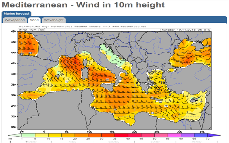 Tuuleolud Vahemerel neljapäeval. / Mereilmateade