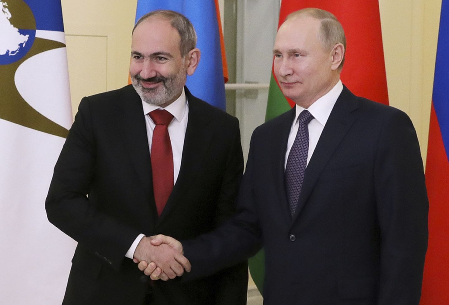 Nikol Pašinjan ja Vladimir Putin 20. detsembril 2019. (Mikhail Klimentyev, Sputnik, Kremlin Pool Photo via AP)